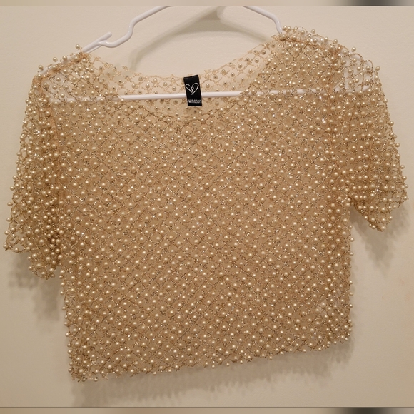 Windsor Tops - Windsor Pearl-Embellished Sheer Crop Top - Gold